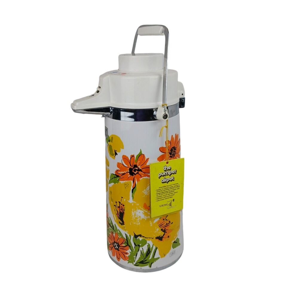 Viking Pumper Airpot 1960'S  Vtg Hot Cold Drink Coffee Thermos Floral Yellow